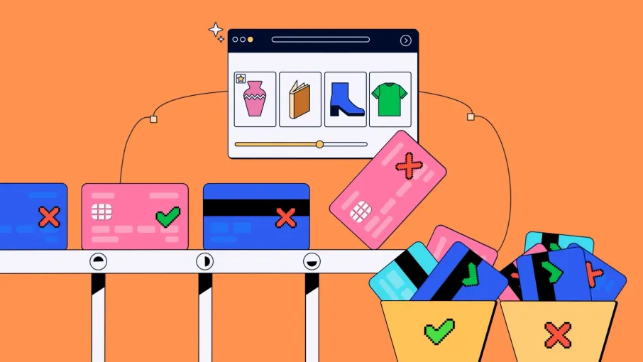 Generic payment rules sorting credit cards on a conveyor belt